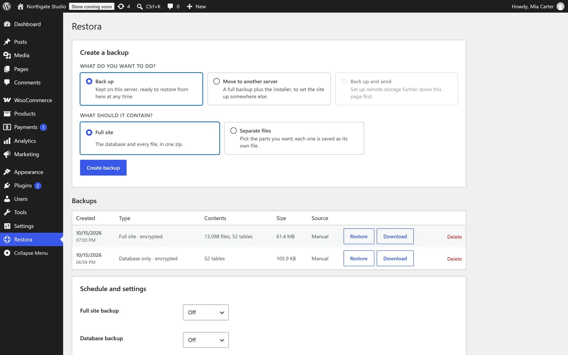 Creating a backup and the list of backups
