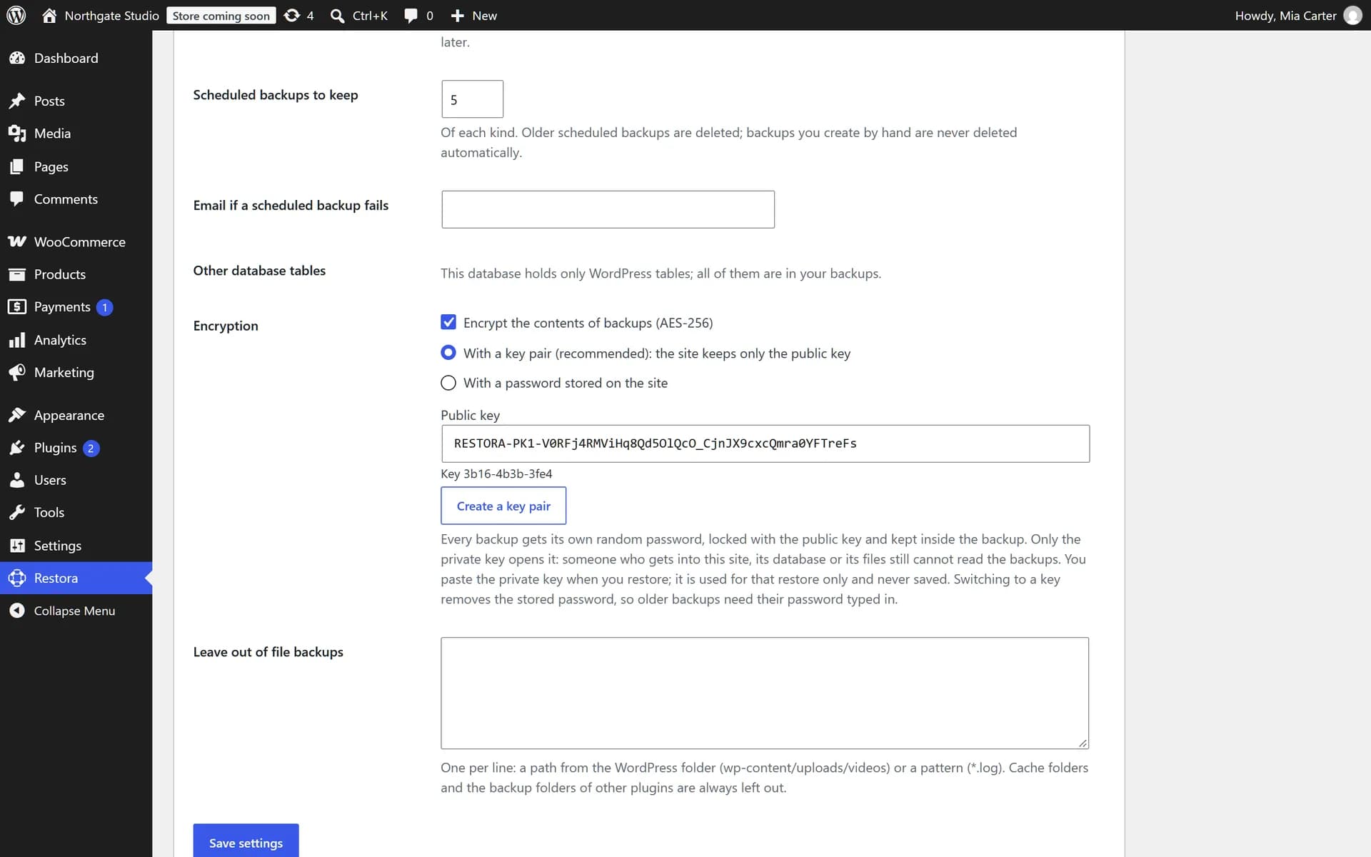 Encryption settings with a key pair