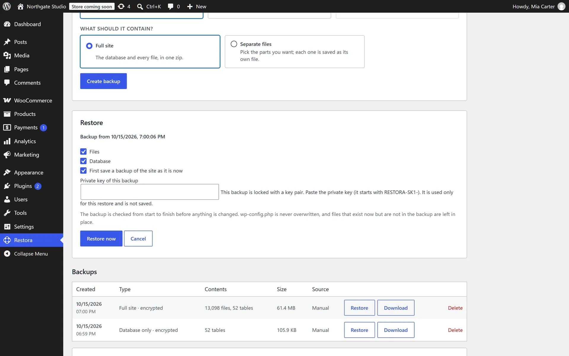 The restore panel for a backup locked with a key pair